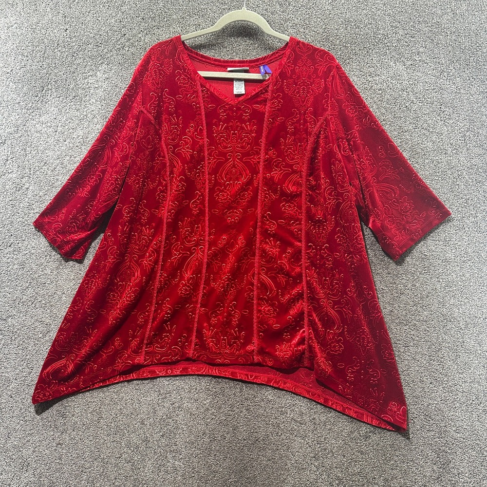 Catherines Blouse Top Women 1XW 18/20 Red Velour V Neck Goth Vamp Holiday Petite
